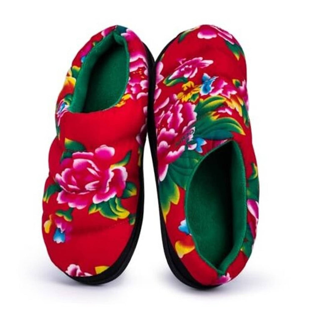Two-tone floral slip-on slippers, red top with green lining and black rubber sole.