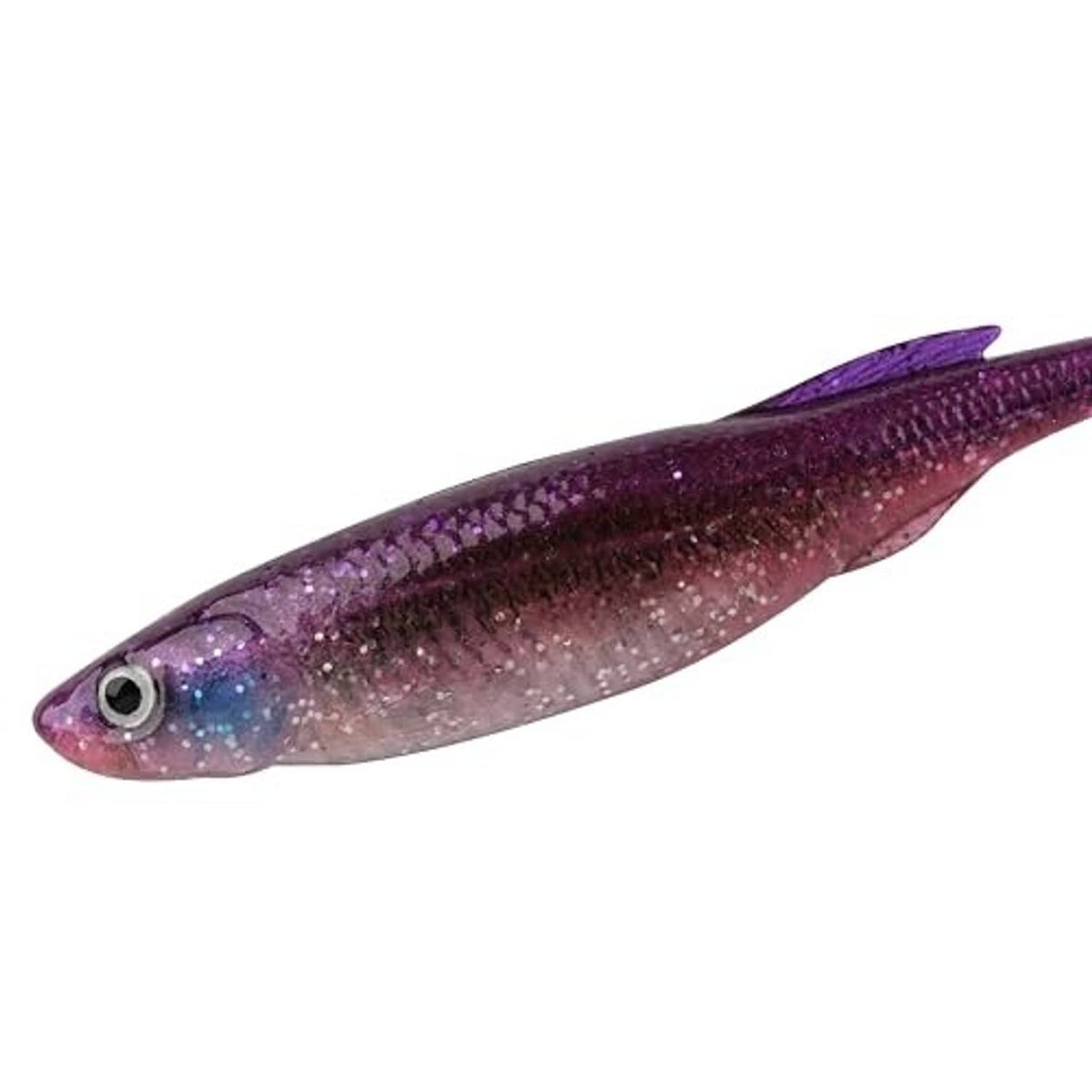 Purple shiner soft plastic swimbait, glitter-textured body and blue-rimmed eye