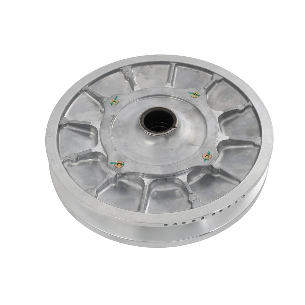 Secondary driven clutch sheave, silver metal wheel with center bore and machined sections