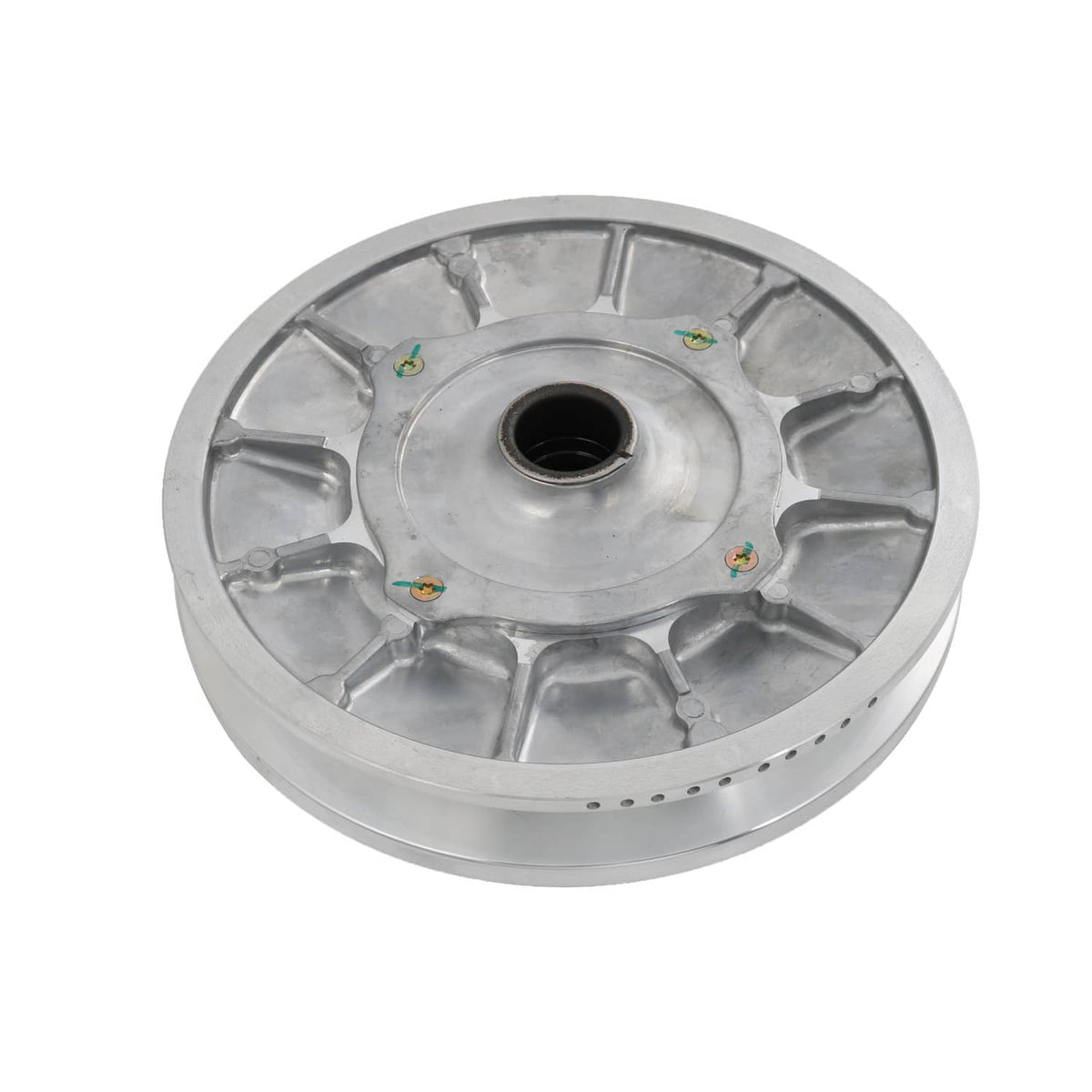 Secondary driven clutch sheave, silver metal wheel with center bore and machined sections