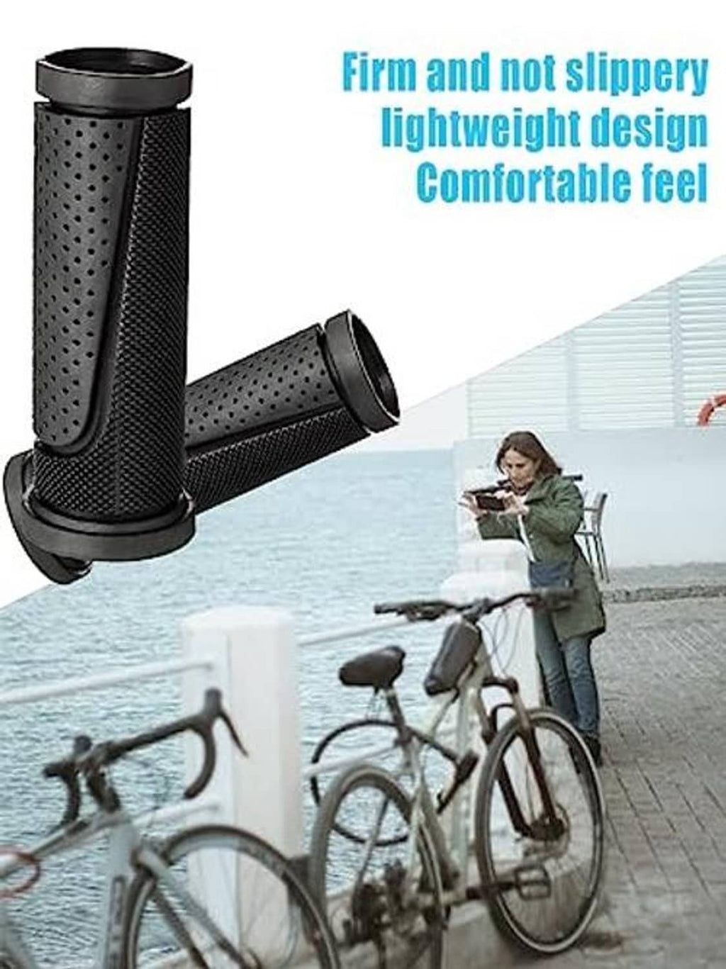 Black bicycle handlebar grips set with perforated texture and solid end caps