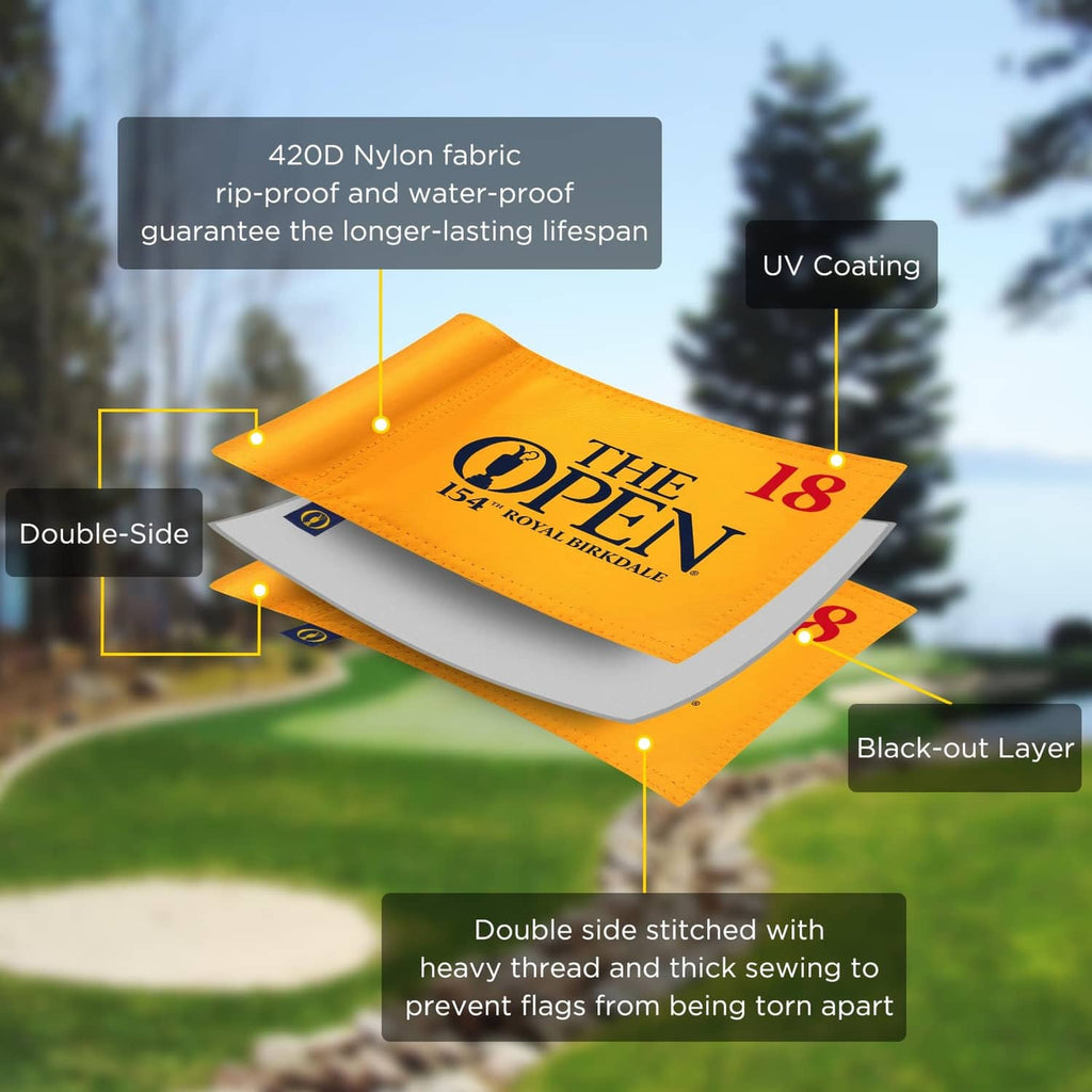 Orange-yellow dual-side miniature golf flag with The Open 18 logo