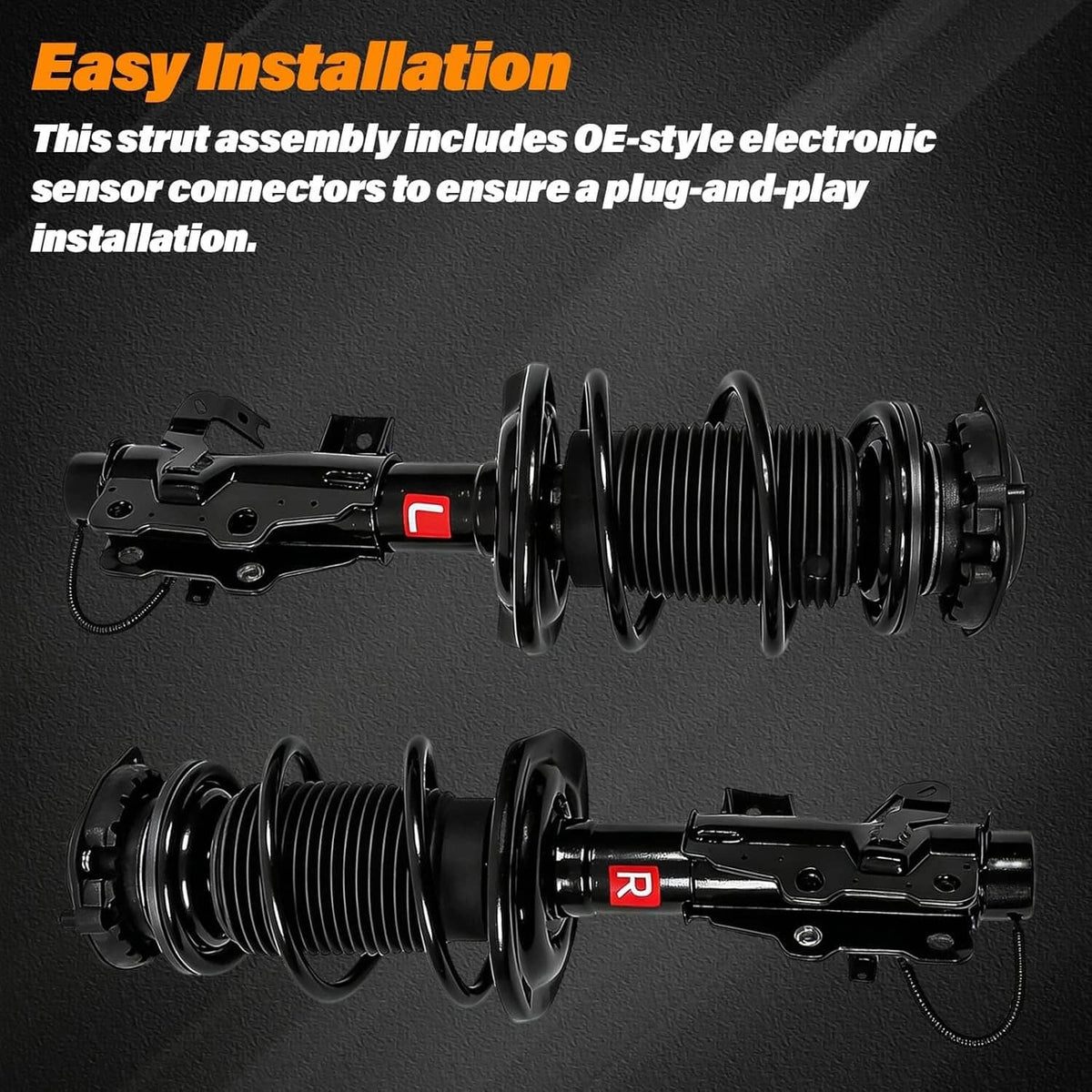 Front strut assembly pair with coil springs and OE-style electronic connectors