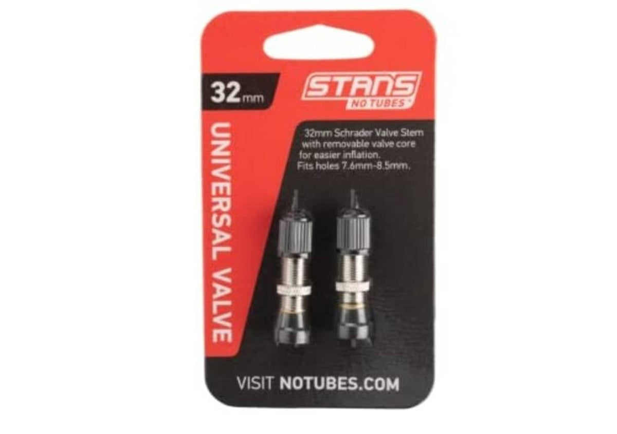 32mm Schrader tubeless valve pair with removable valve core for installation, packaged