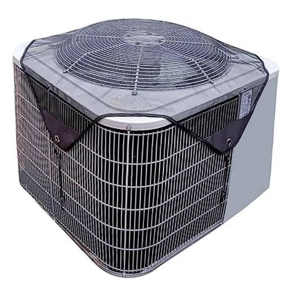 Central AC unit cover with gray fabric top and black mesh sides, with tie straps.
