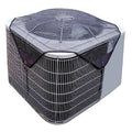 Central AC unit cover with gray fabric top and black mesh sides, with tie straps.
