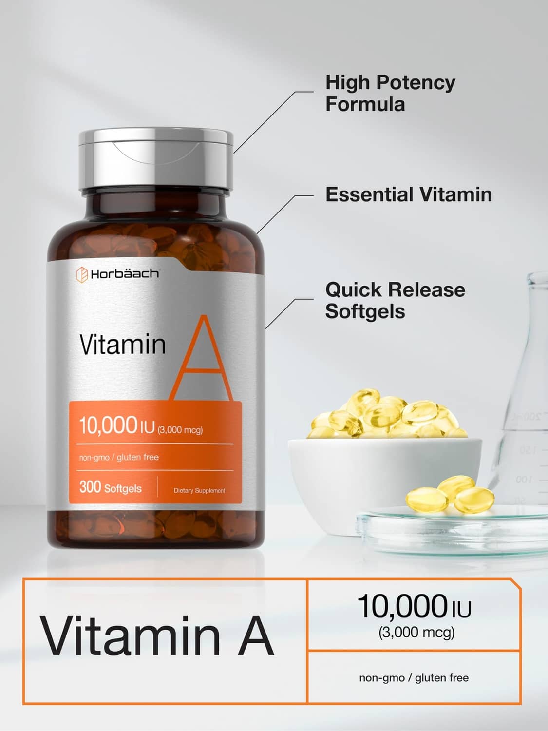 Horbäach Vitamin A softgels bottle, 300 count, 10,000 IU