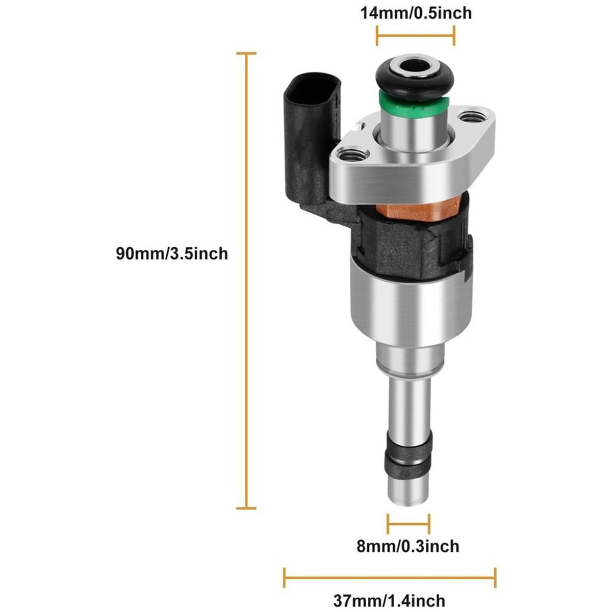 Fuel injector with silver body, black connector, green O-ring seal