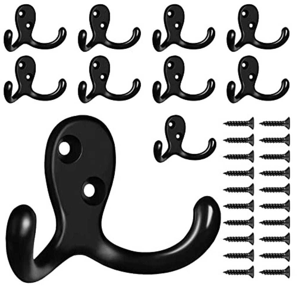 Black double-prong coat hooks set with mounting screws, matte metal