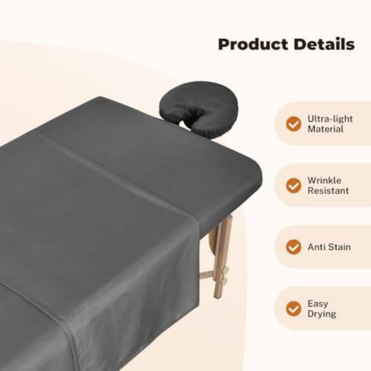 Dark grey massage table sheets on table with matching headrest pillow cover