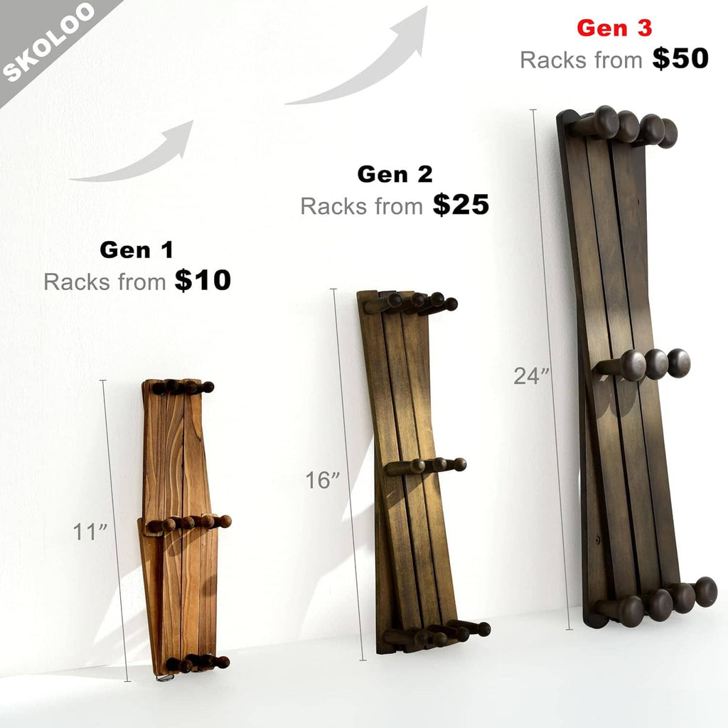 Expandable wall hat rack shown in three size options with round knob hooks