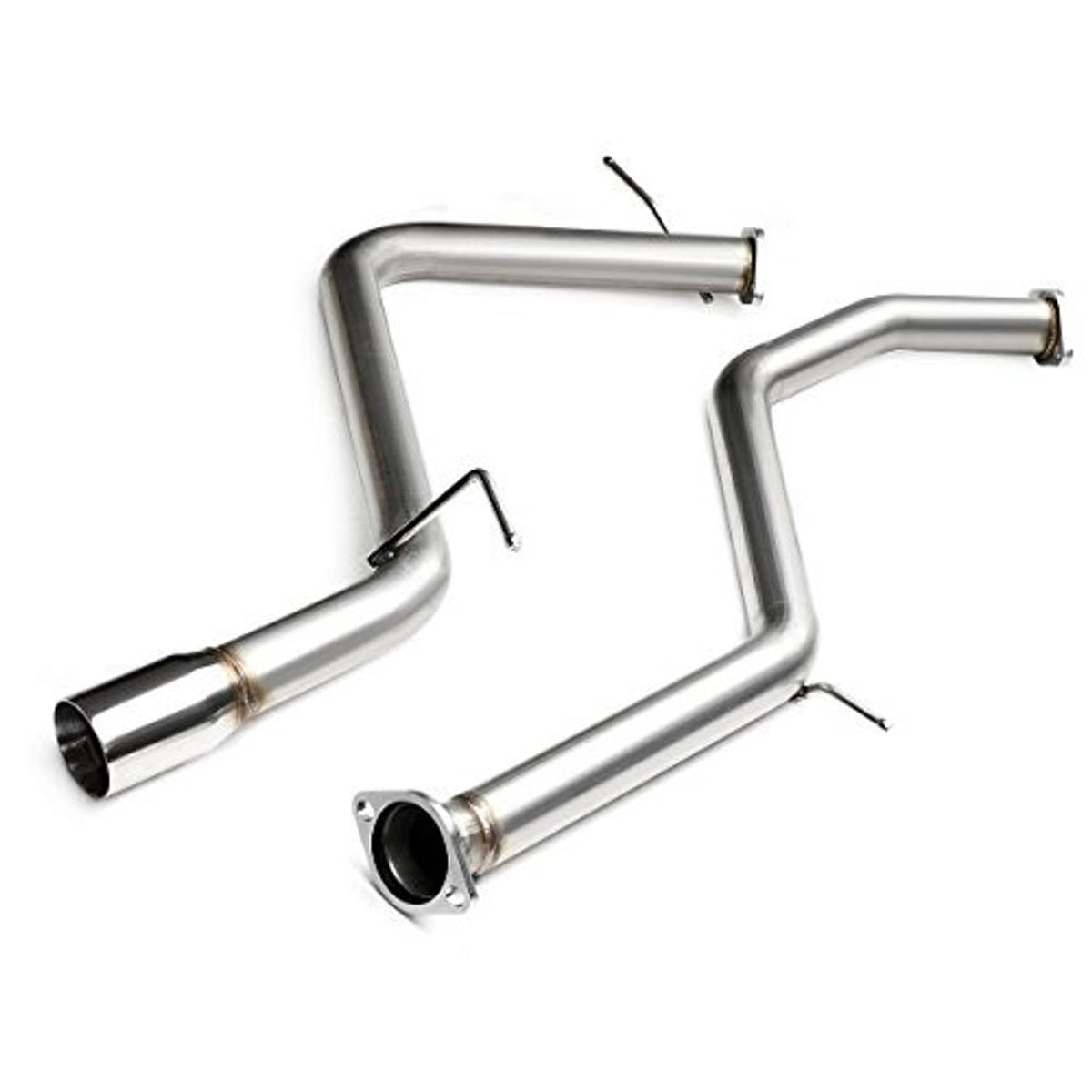 Stainless cat-back exhaust pipes with muffler and outlet tips; hardware studs visible