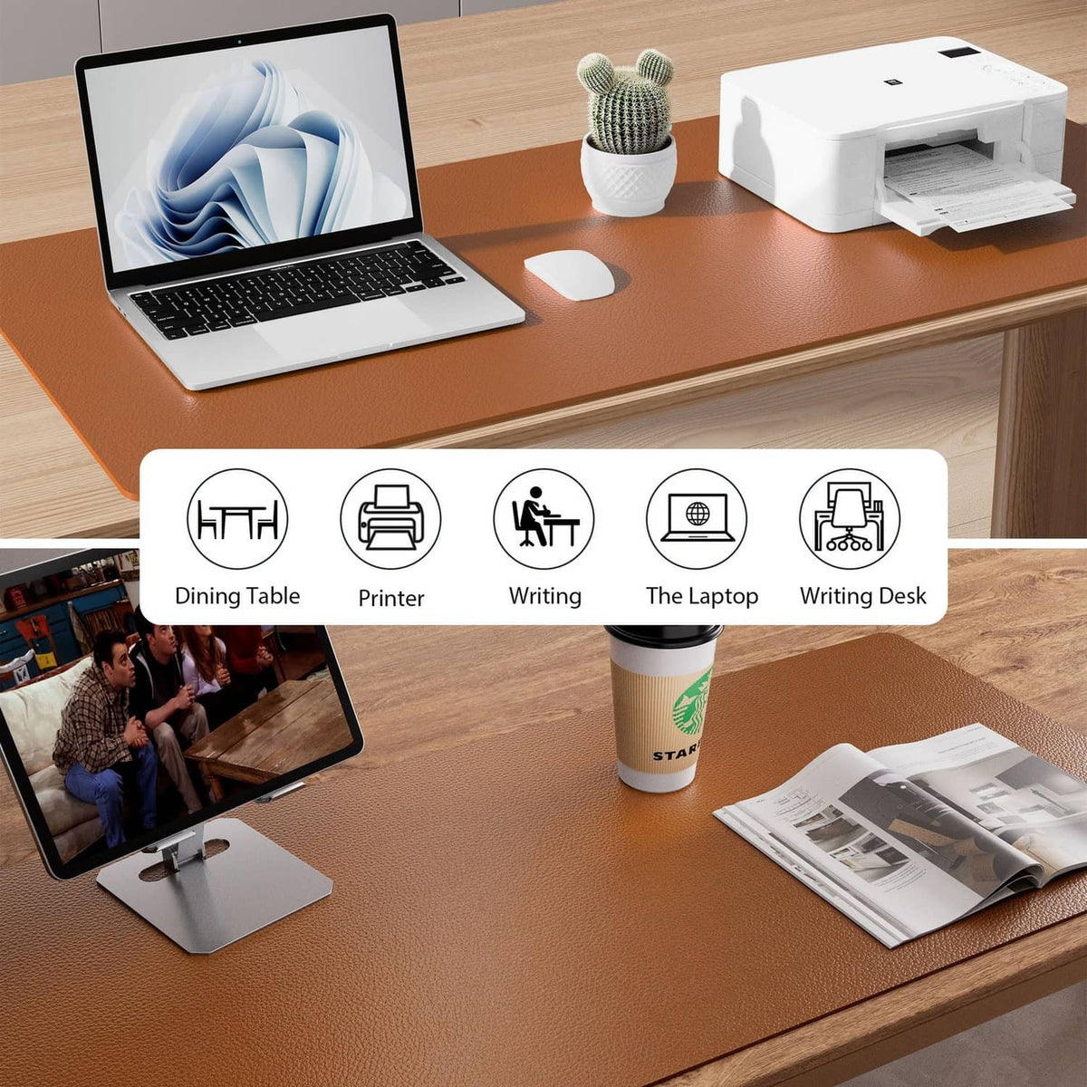 Brown desk pad protector on desk with laptop, mouse, and keyboard accessories