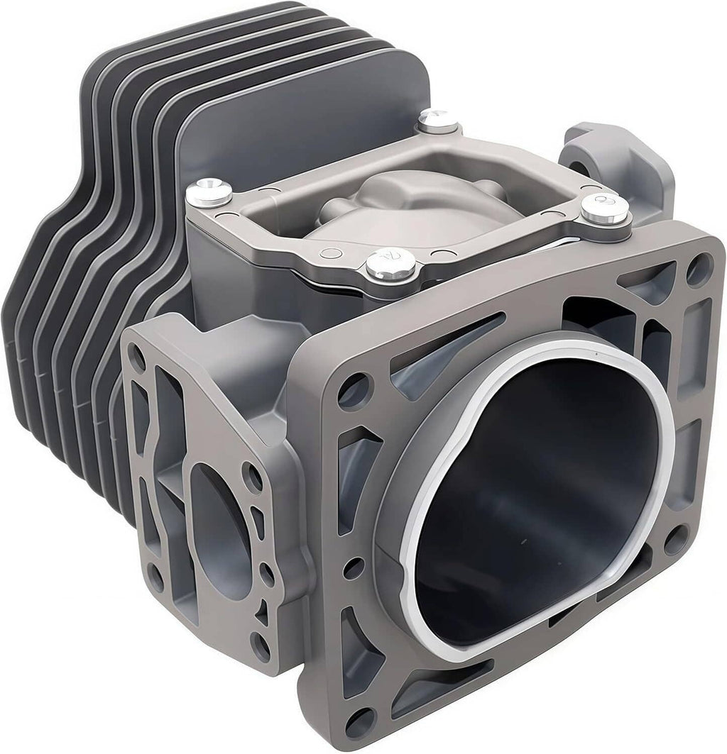 Gray finned engine cylinder with black bore opening and top mounting bolts.