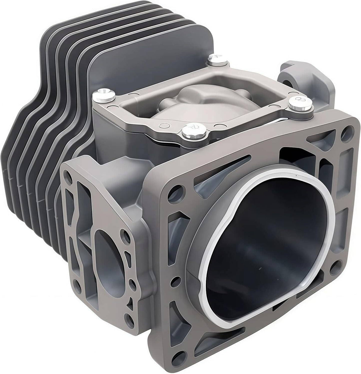 Gray finned engine cylinder with black bore opening and top mounting bolts.