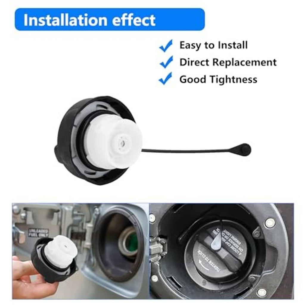 Fuel gas cap installed on vehicle fuel filler, black cap with tethered handle