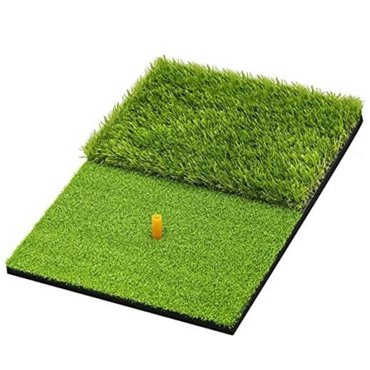 Green artificial grass golf practice mat with black border and ball marker