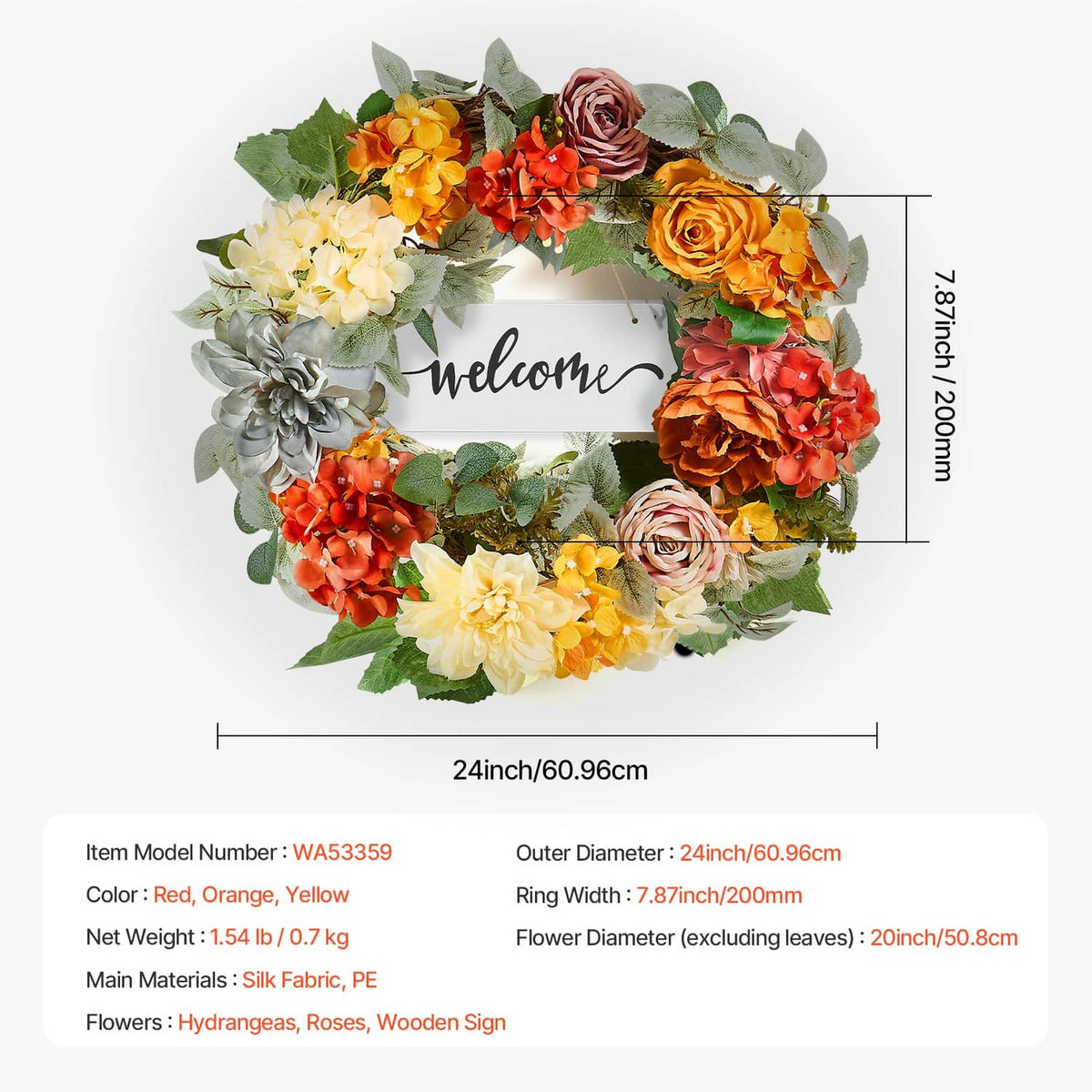 24-inch multicolor floral wreath with Welcome wooden sign and layered roses and hydrangeas