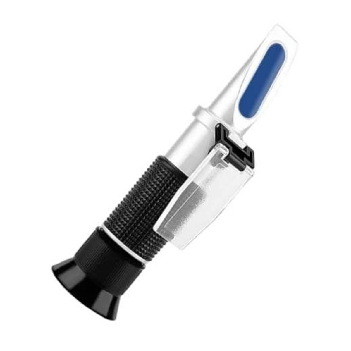 Handheld antifreeze refractometer with blue viewing window, clear prism cover, black grip