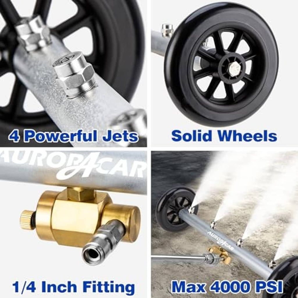 Pressure washer attachment with metal jet nozzles, brass fittings, and black wheels
