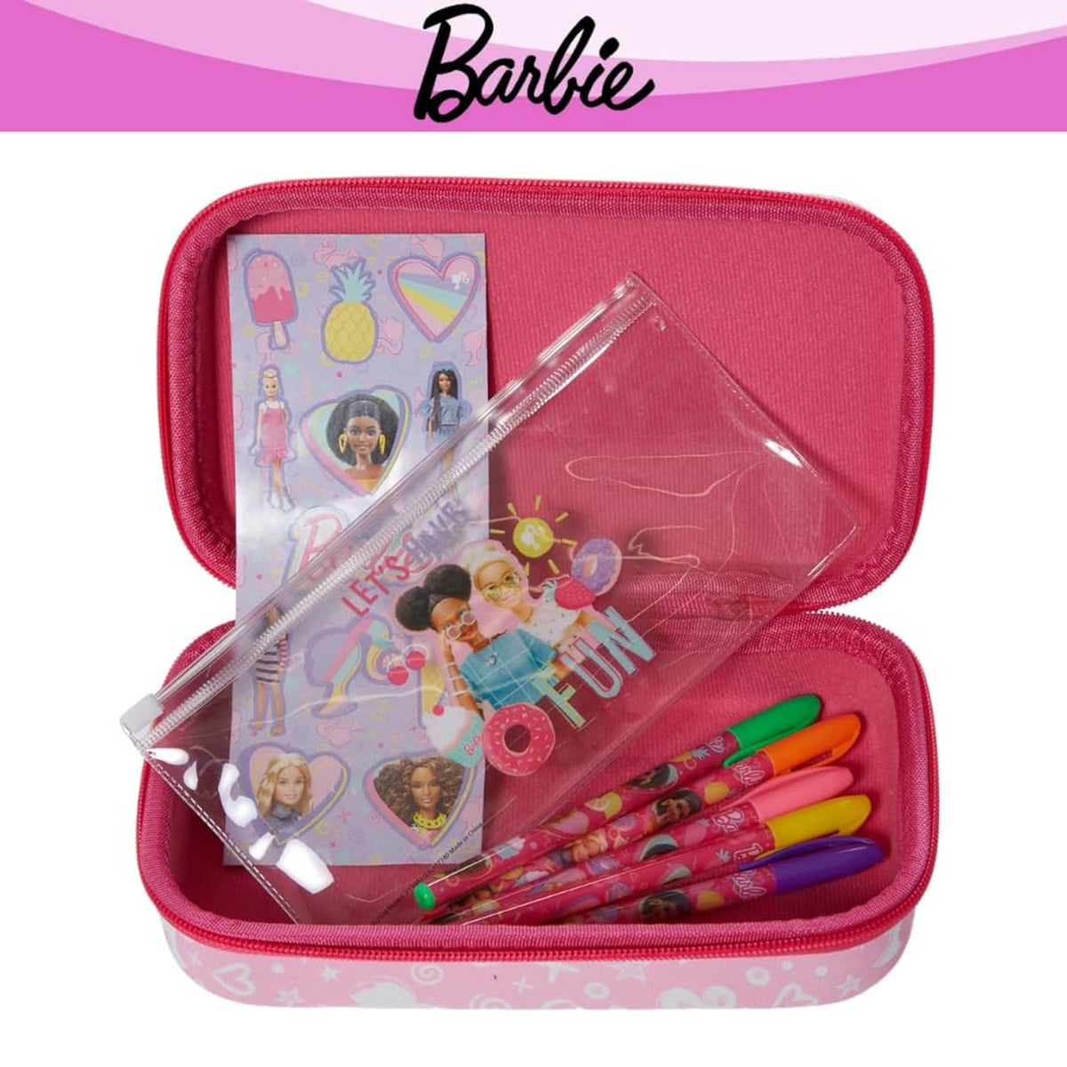 Open pink pencil case showing sticker sheet pouch and several multicolor gel pens