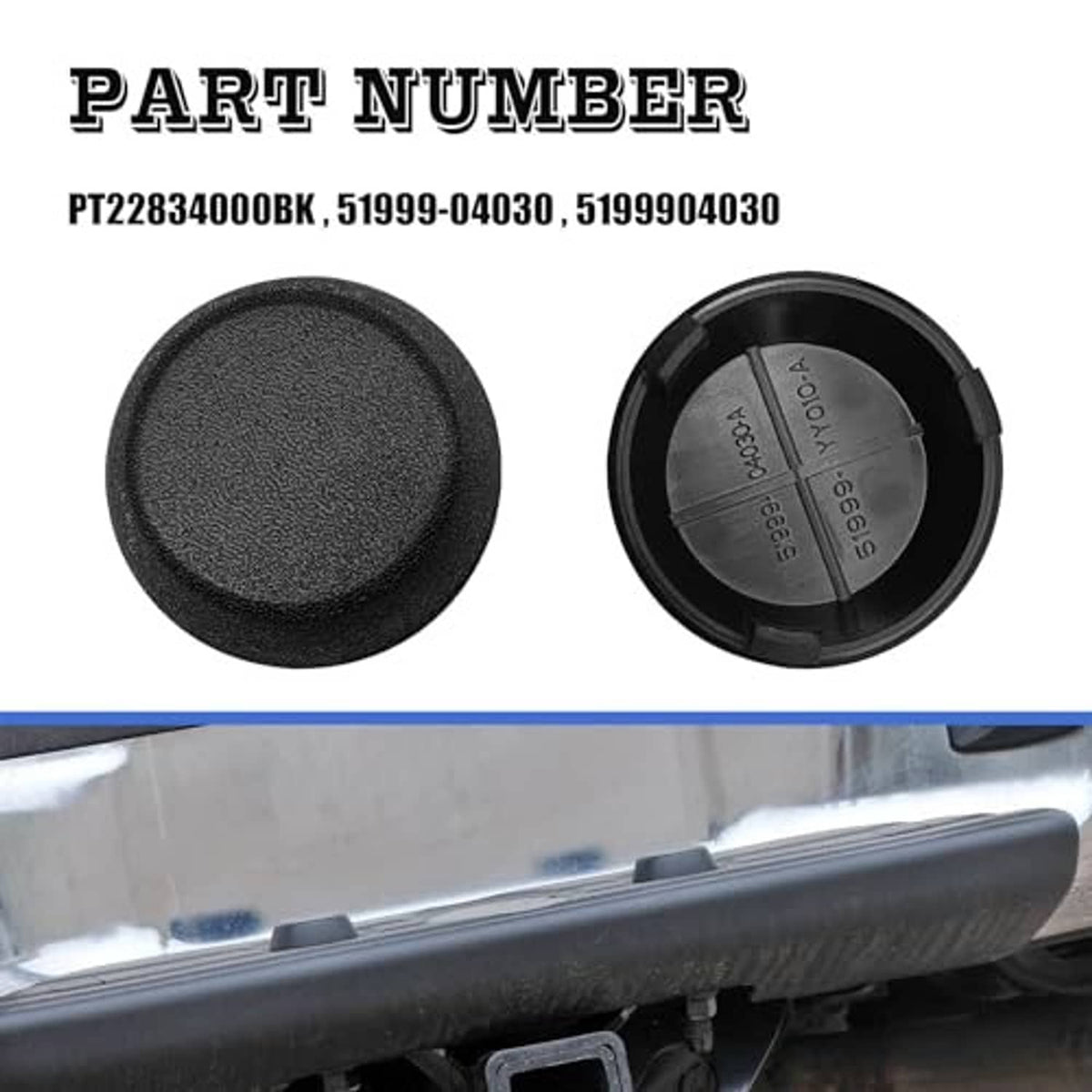 Black rear bumper dome cap pair, one viewed from top and one from inside