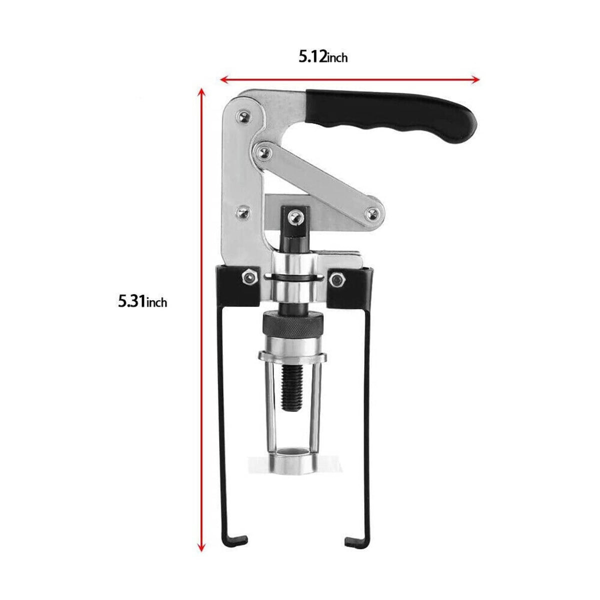 Valve spring compressor tool with measurement guide showing 5.12 in size