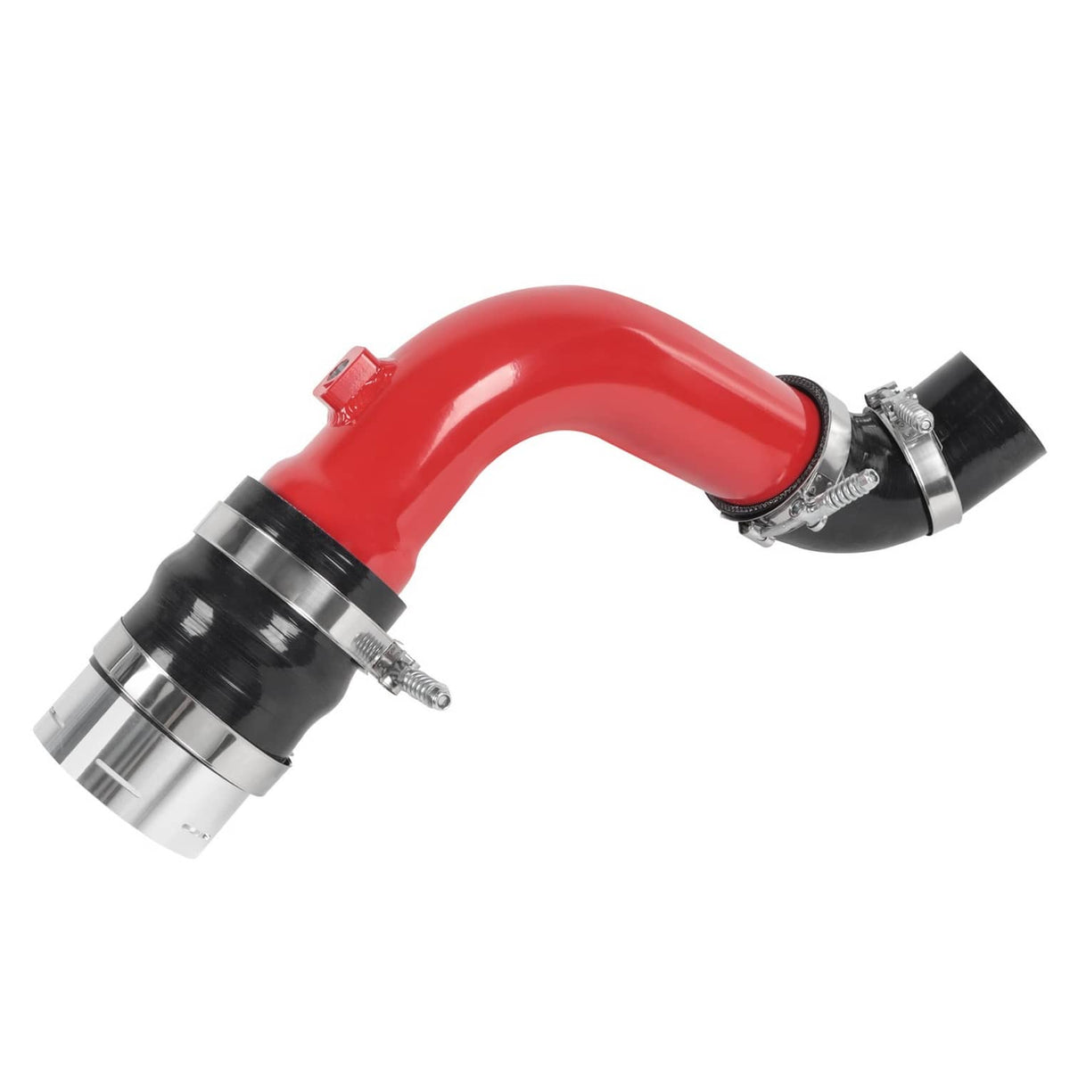 Red intercooler hose with black silicone couplers and metal clamp connections