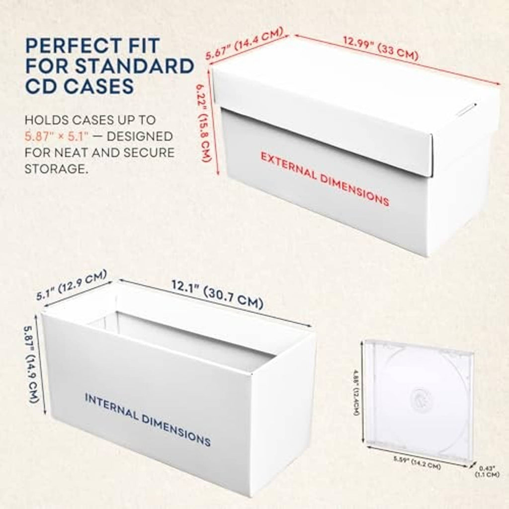 White cardboard CD storage box with open lid, showing internal and external dimensions
