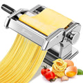 Silver manual pasta maker with cutting rollers, pressing fresh pasta sheets
