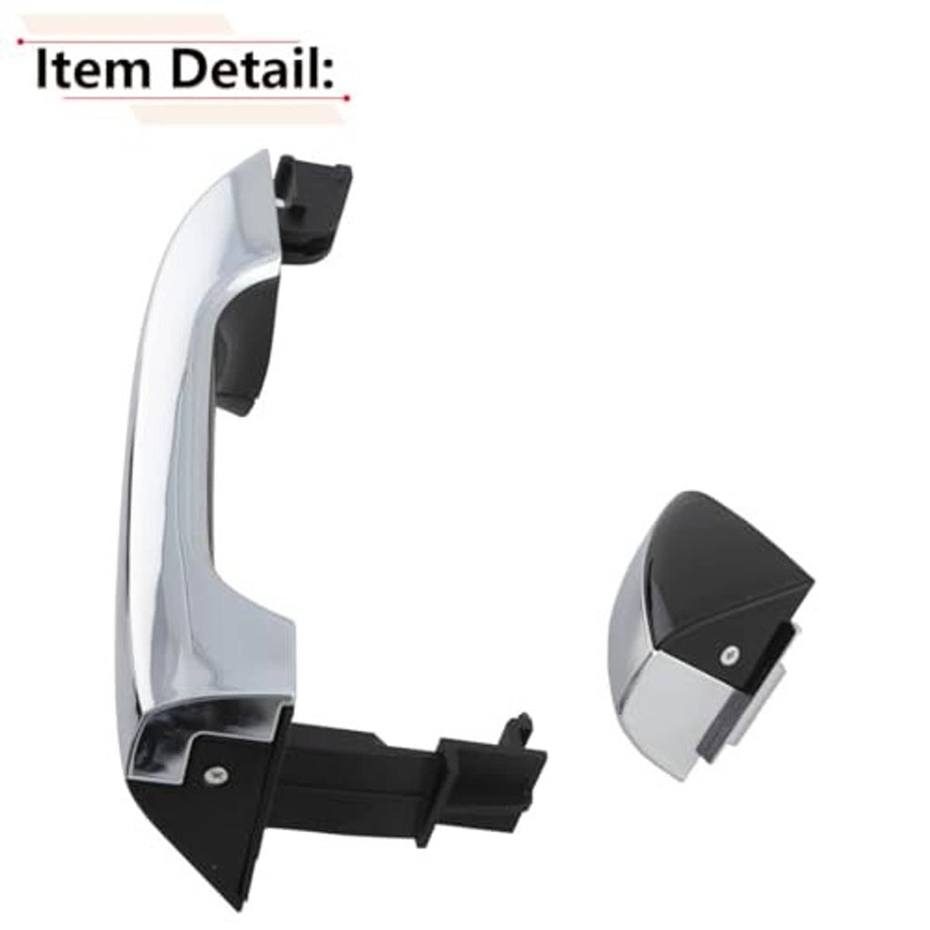 Exterior door handle housing with chrome cover and black mounting clips
