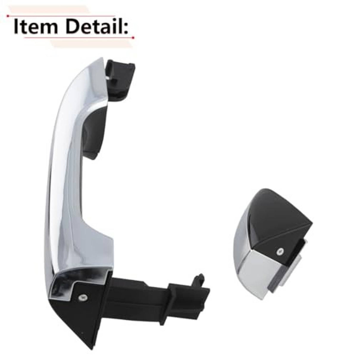 Exterior door handle housing with chrome cover and black mounting clips
