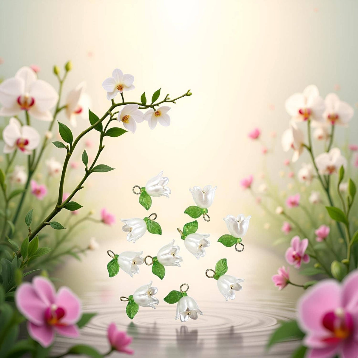 White bell orchid beads with green leaves and gold loop rings, floating on stems
