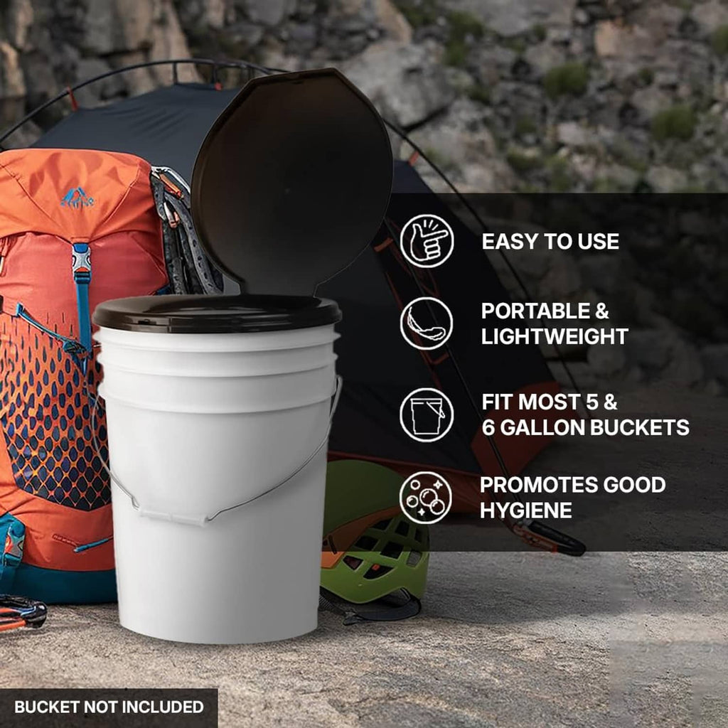 Black toilet lid with hinged cover on a white bucket for camping