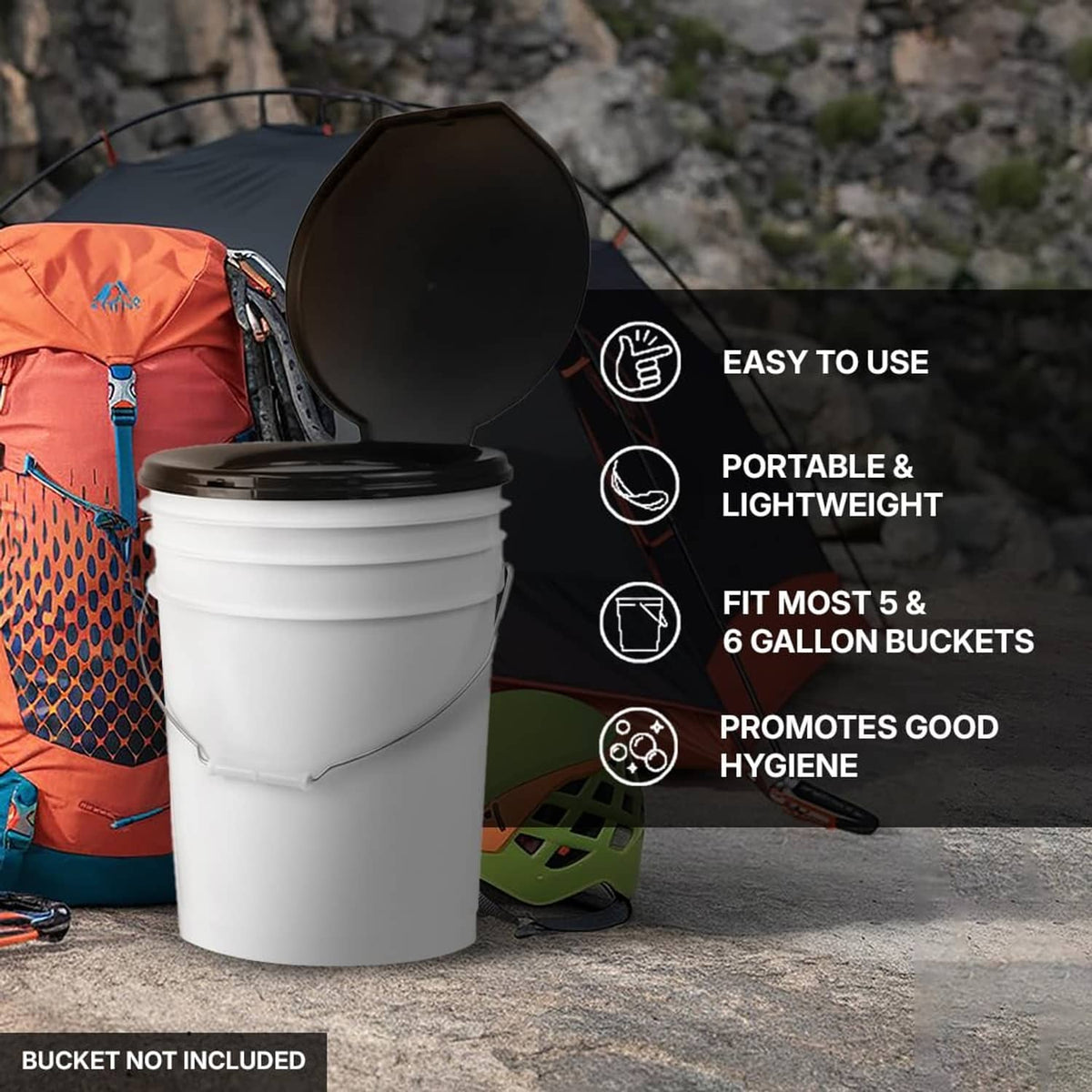 Black toilet lid with hinged cover on a white bucket for camping