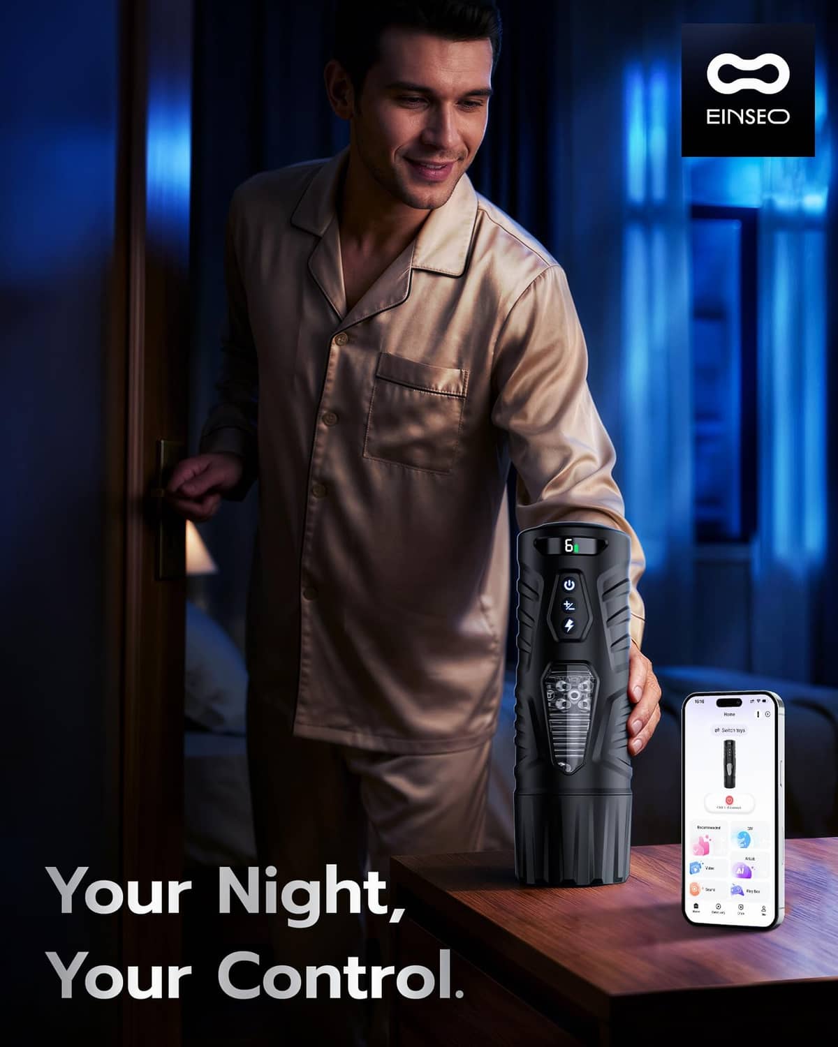 Black automatic male masturbator with remote control and smartphone app display