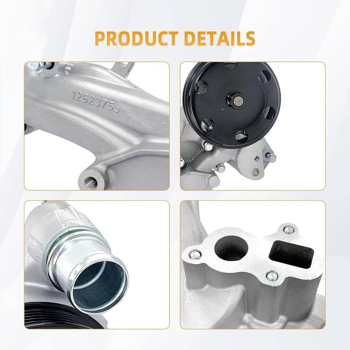 Water pump thermostat housing details with seal surfaces and fastener openings