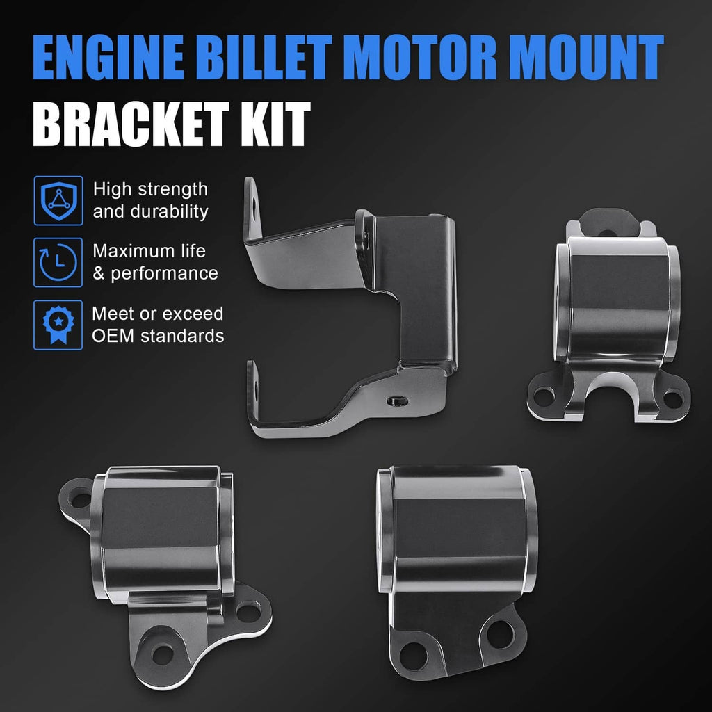 Black billet engine motor mount bracket kit with brackets and bushings