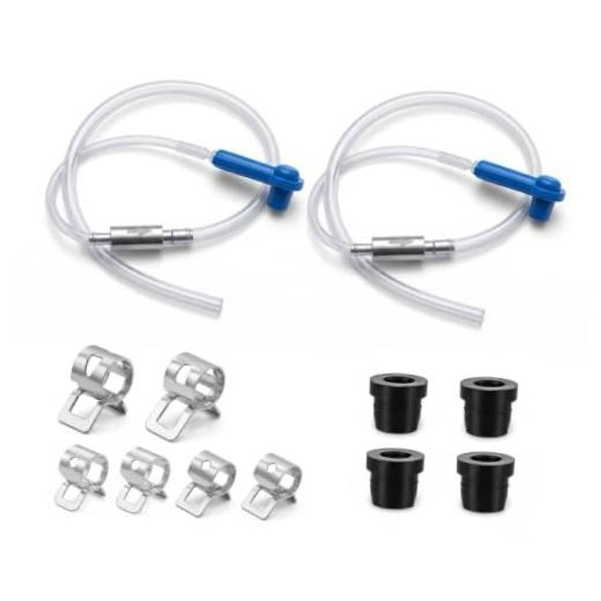 Brake bleeder hose set of two: clear lines, blue adapters, metal fittings, and rubber caps