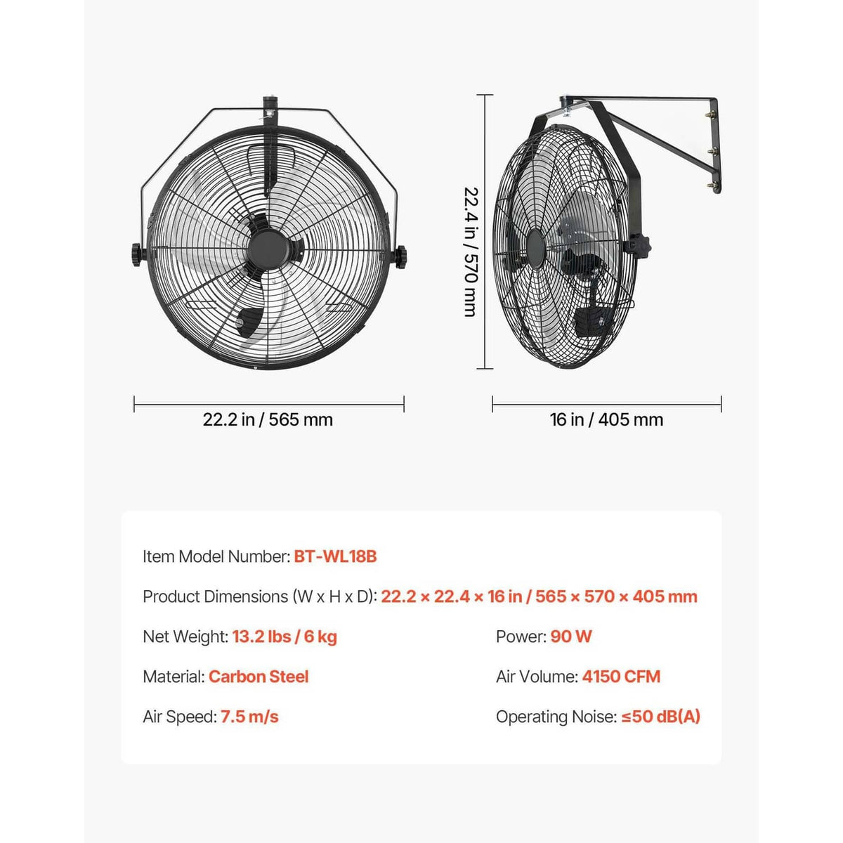 18-inch wall fan, front and side view showing black mount frame and wire grille
