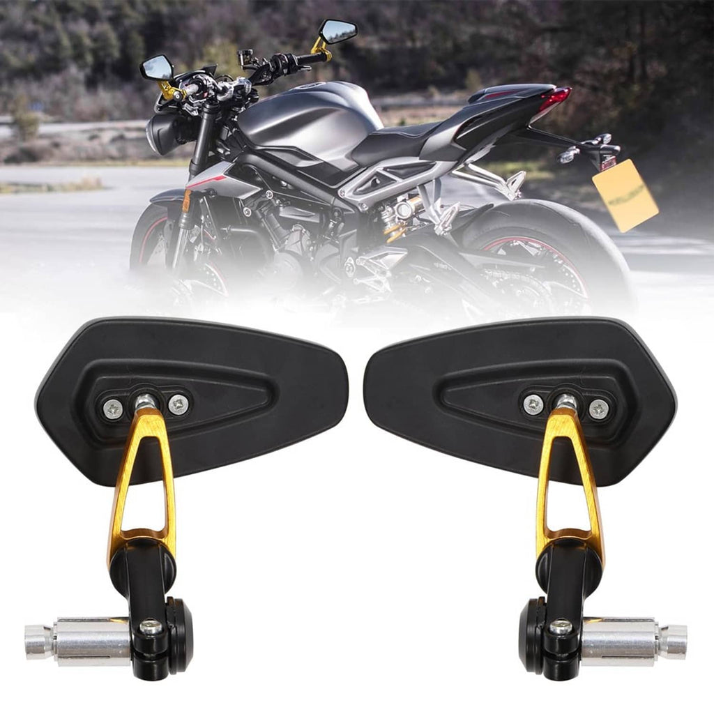 Motorcycle handlebar end mirrors with blue lenses, black housings, gold adjustment arms