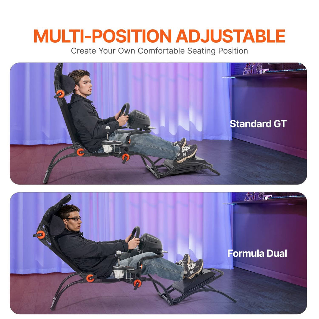 Multi-position adjustable racing simulator seat on foldable base, reclined in use