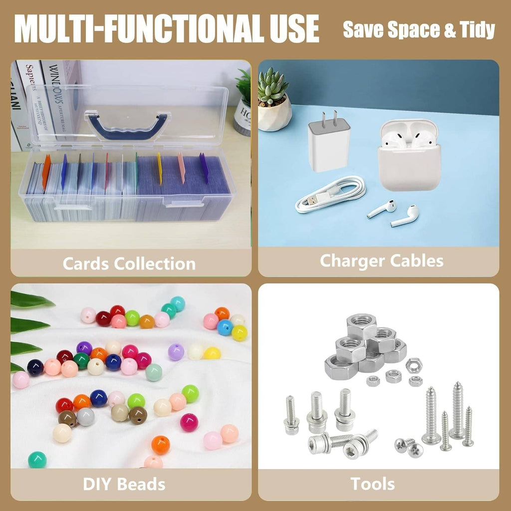 Clear plastic storage box used for cards and small accessories, multi-compartment interior