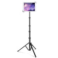 Height-adjustable iPad tripod stand with tablet clamp and three-leg base