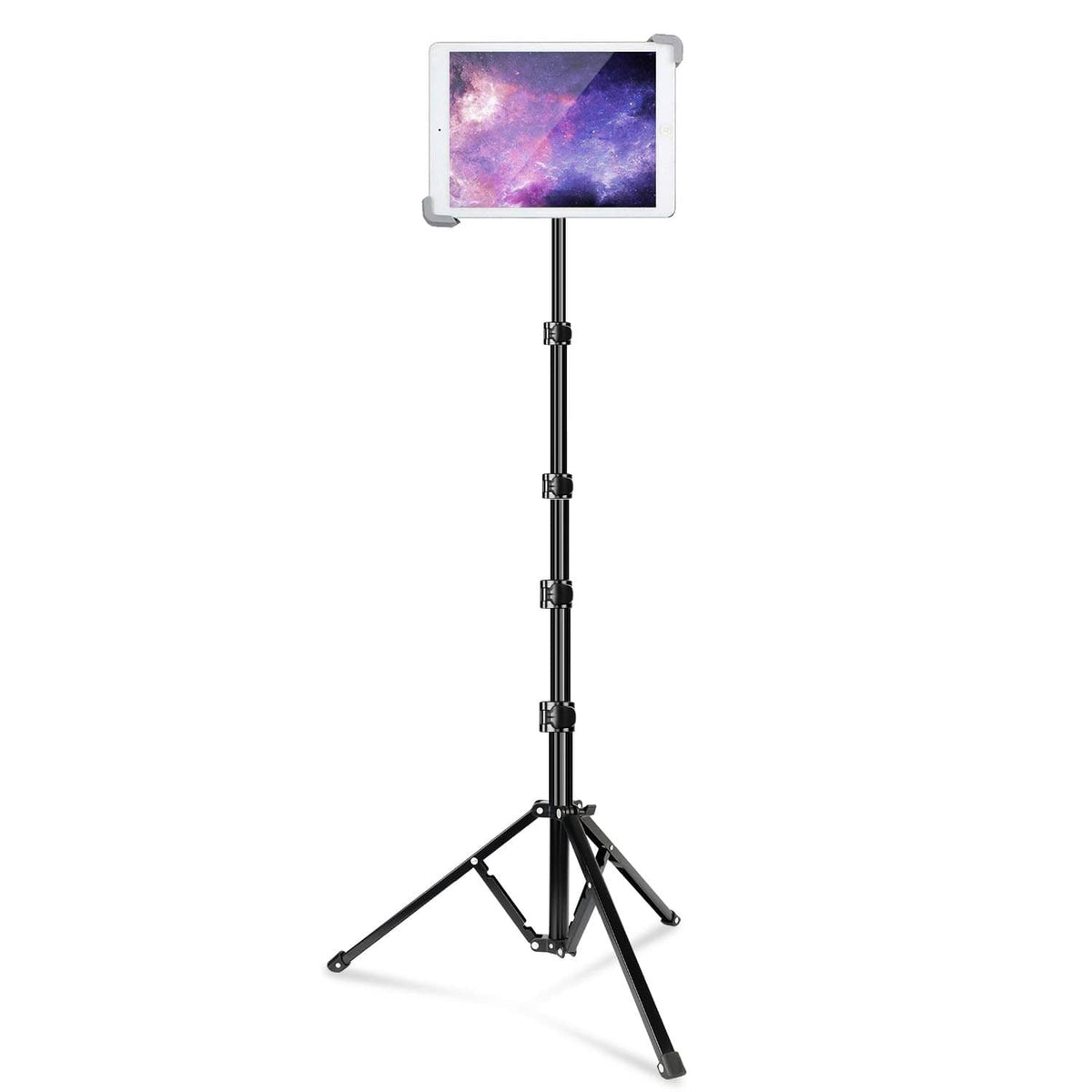 Height-adjustable iPad tripod stand with tablet clamp and three-leg base