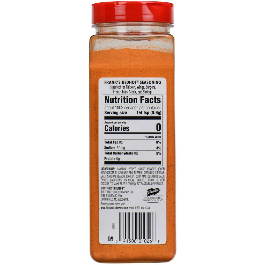 Seasoning container with nutrition facts label on back, orange-brown powder