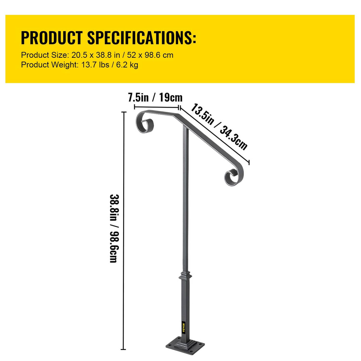 Matte gray handrail product dimensions diagram: single post, curved top, and base.
