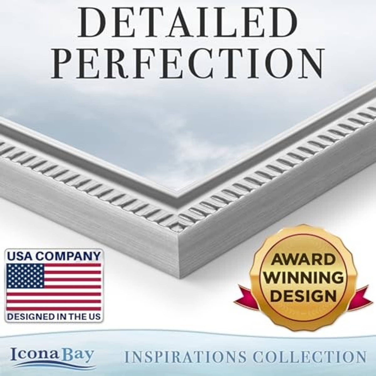 Silver picture frame corner with detailed ridged molding and beveled edge
