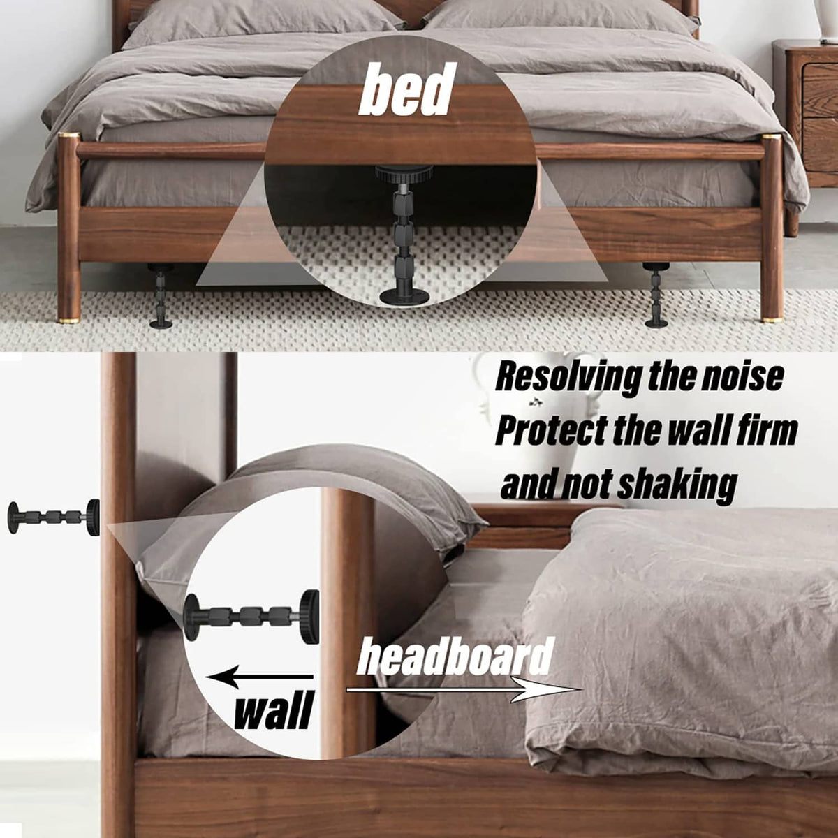 Black threaded bumper stoppers under bed frame to prevent headboard shaking