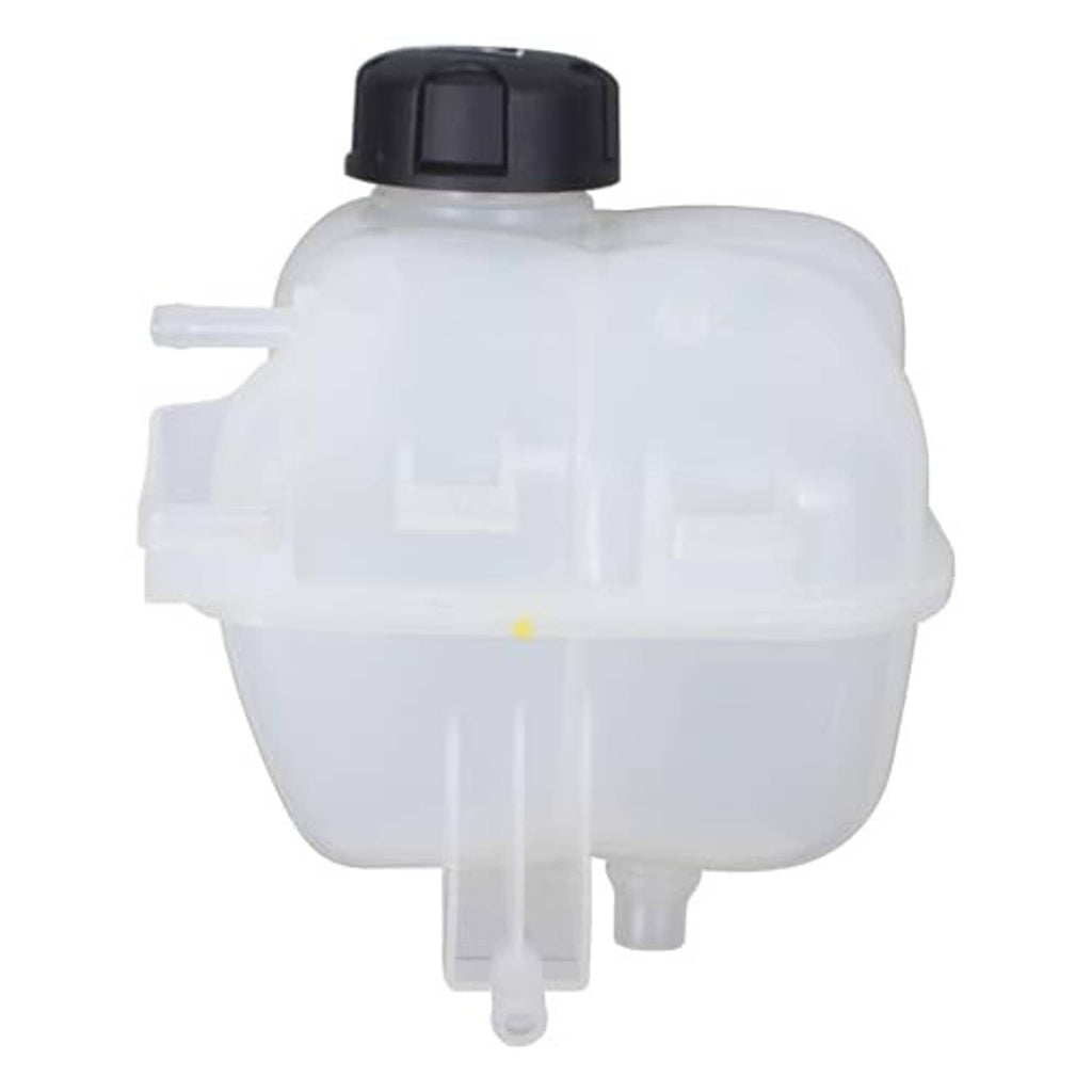 Translucent white coolant reservoir expansion tank with black cap and outlet tubes